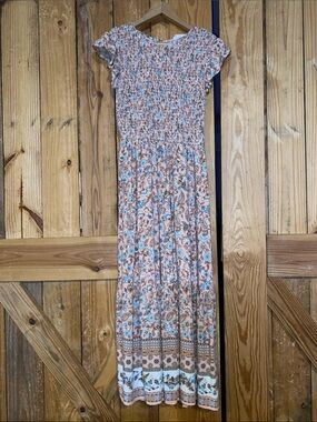 Smocked Floral Maxi Dress in Peach